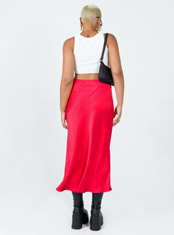 back view of model wearing Princess Polly Tyra Satin Midi Skirt Red Midi Skirts 