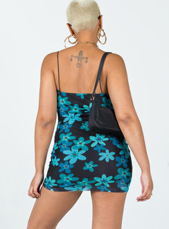 back view of model wearing Princess Polly Carolina Mini Dress Black Floral 
