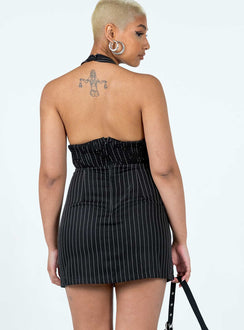 back view of model wearing Princess Polly Hickson Mini Dress Black Pinstripe Plunger 