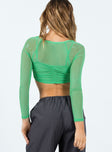 Long sleeve top Sheer mesh material Adjustable shoulder straps Square neckline Ruching throughout