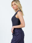 side view of model wearing Princess Polly Fischer Bodysuit Slate Sleeveless Crew Neck 