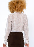 back view of model wearing Princess Polly Oliver Long Sleeve Shirt Beige 