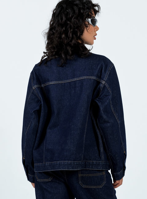 Jacket Dark wash denim Classic collar Button fastening at front Twin chest pockets Single button cuff