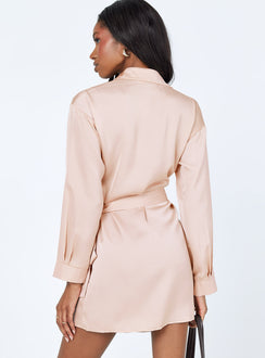 back view of model wearing Princess Polly Ryker Mini Dress Beige 