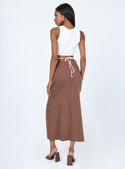 back view of model wearing Princess Polly Siana Maxi Skirt Brown 
