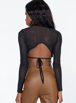 back view of model wearing Princess Polly Ramsey Long Sleeve Top Black 