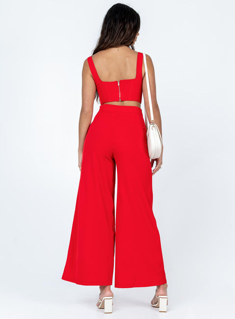 Matching set Corset top  Boning through front  Zip fastening at back  High waisted pants  Invisible zip fastening at side  Wide leg 