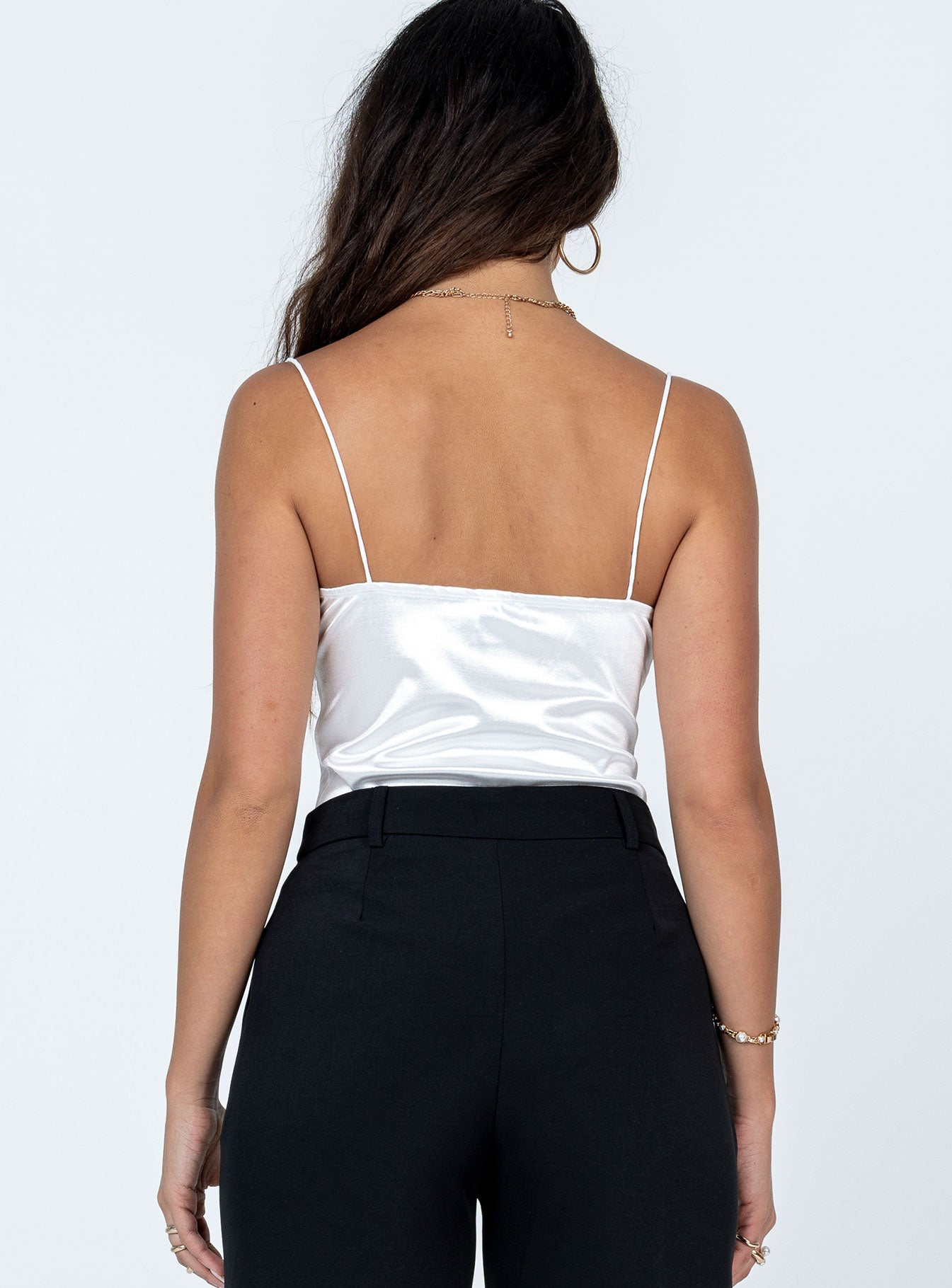 back view of model wearing Princess Polly Snowbird Bodysuit White Sleeveless Sweetheart 