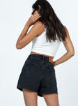 Shorts Asymmetrical zip & button fastening High waisted Black denim Belt looped waist Classic five-pocket design Raw-edge hem