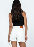 Shorts Asymmetrical zip & button fastening High waisted White denim Belt looped waist Five-pocket design Distressed hem