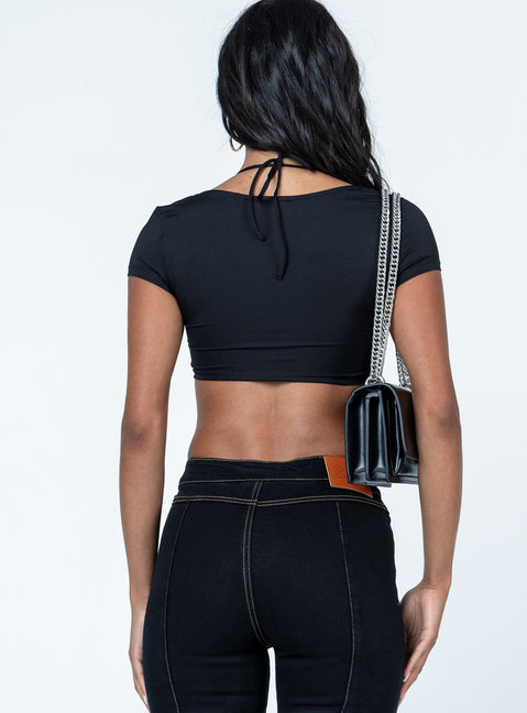 back view of model wearing Princess Polly Joey Top Black Short Sleeves Sweetheart 