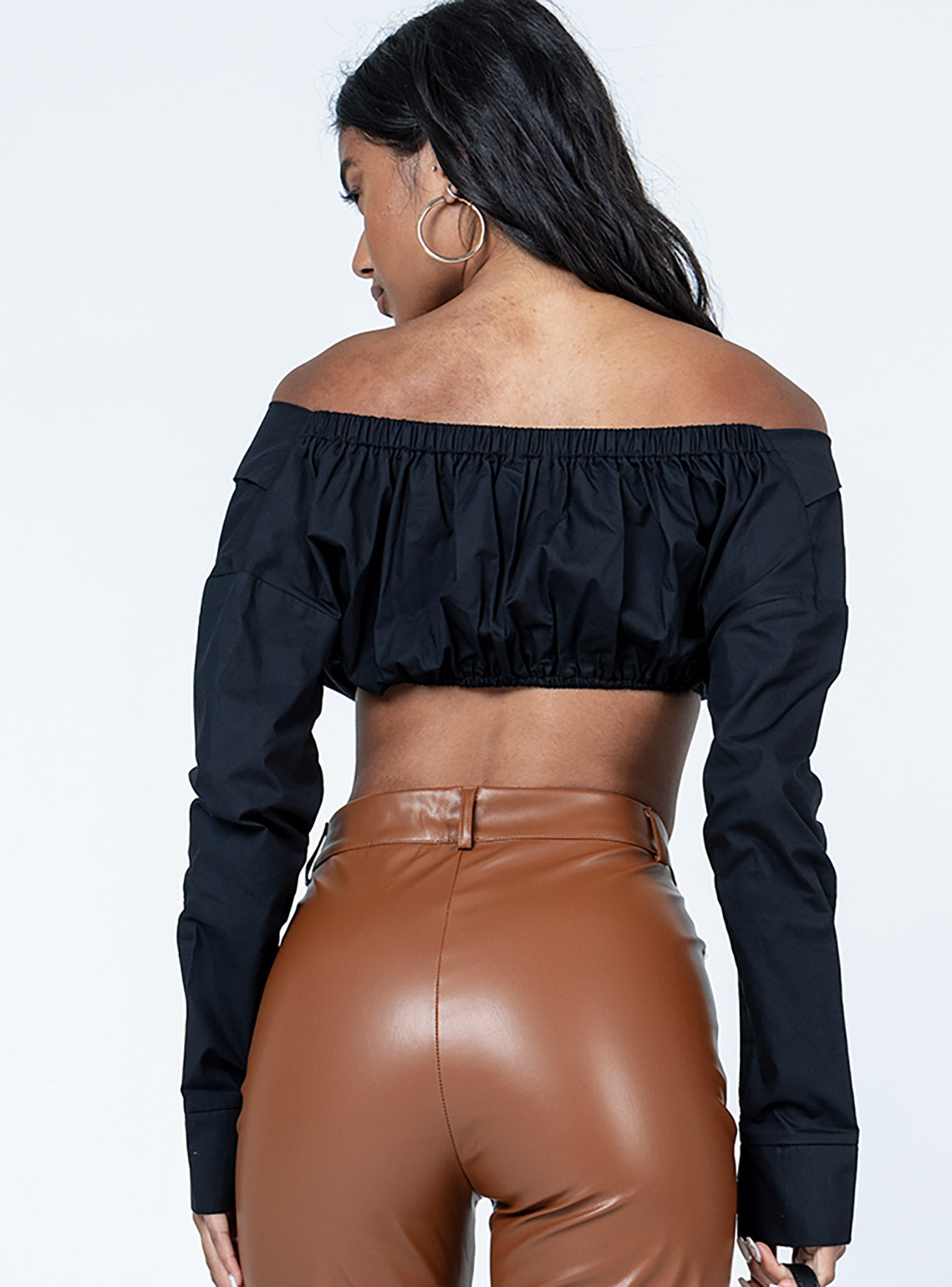 back view of model wearing Princess Polly Botany Long Sleeve Top Black Full Sleeves Sweetheart 