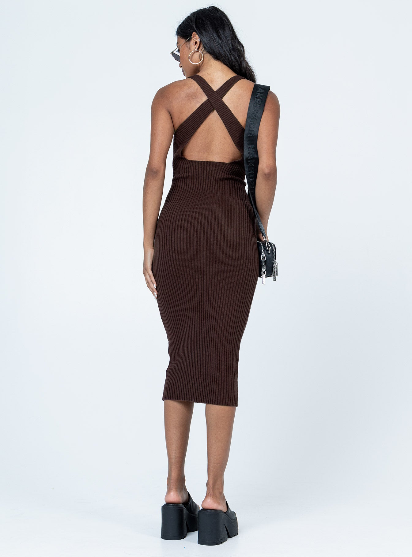back view of model wearing Princess Polly Newport Midi Dress Brown Crew Neck 