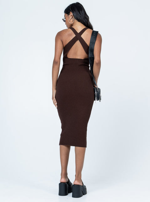 back view of model wearing Princess Polly Newport Midi Dress Brown Crew Neck 
