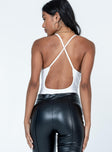 back view of model wearing Princess Polly Hertz Bodysuit White Sleeveless Plunger 