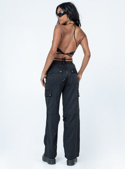 back view of model wearing Princess Polly Boyd Pinstripe Cargo Pants Black 