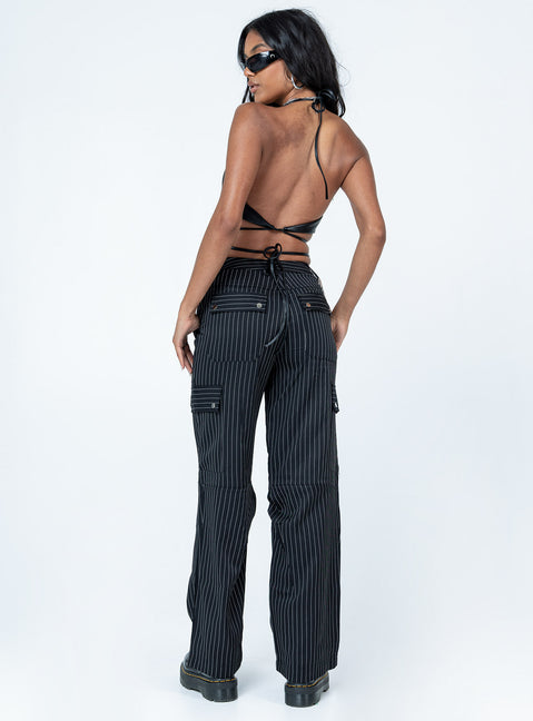 back view of model wearing Princess Polly Boyd Pinstripe Cargo Pants Black 
