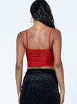 back view of model wearing Princess Polly Shine Bright Crop Top Red Sleeveless Sweetheart 