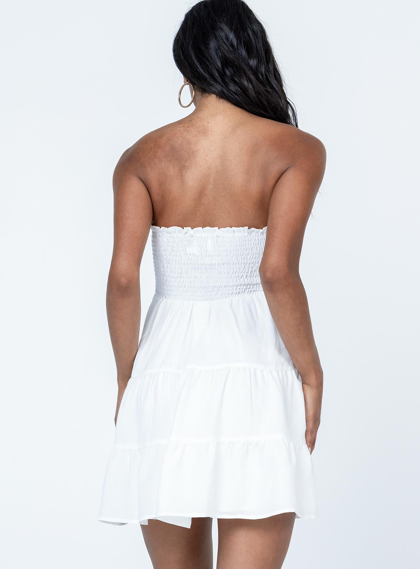 back view of model wearing Princess Polly Hadda Mini Dress White Sweetheart Neckline 