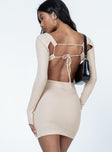 back view of model wearing Princess Polly Zolia Long Sleeve Mini Dress Beige Square Neck 