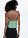 Sage crop top Crinkle material  Halter neck tie fastening  Tie fastening at bust  Open front  Good stretch  Lined bust 