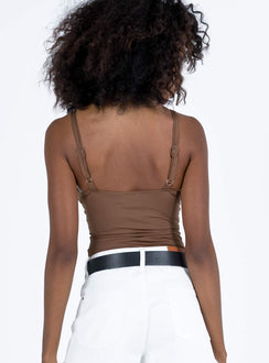 back view of model wearing Princess Polly Gazel Bodysuit Brown Sleeveless Plunger 