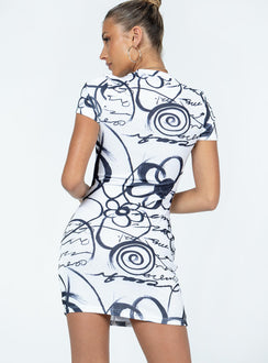 product Princess Polly High Neck  Motel Dahara Mini Dress Mono Doodle Black White