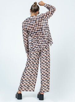 Matching set Sheer material  Geometric print  Button up shirt  High waisted pants  Elasticated drawstring waistband  Wide leg