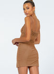 back view of model wearing Princess Polly Ledger Mini Dress Brown 