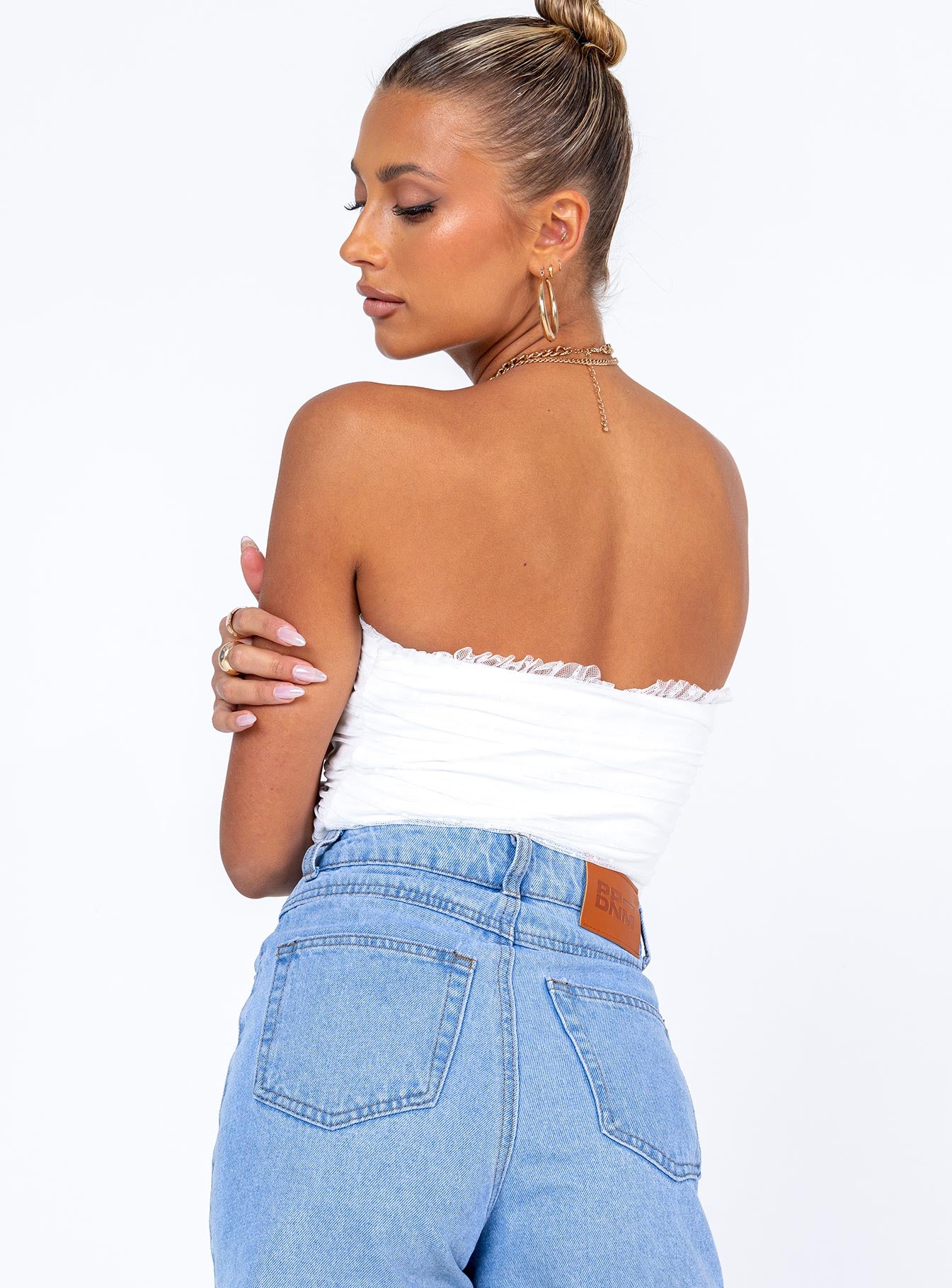 back view of model wearing Princess Polly Elysia Bodysuit Sleeveless Sweetheart 
