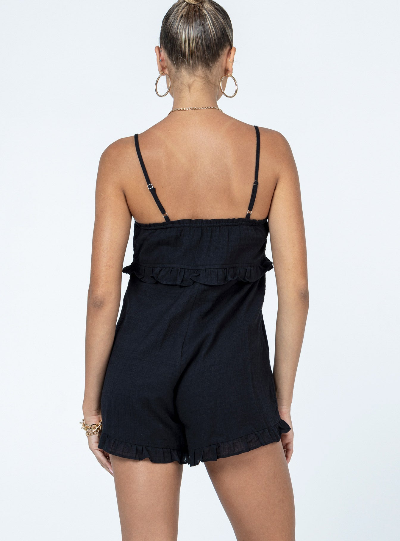 Black romper 100% cotton Adjustable shoulder straps  Tie at bust Ruffle details 