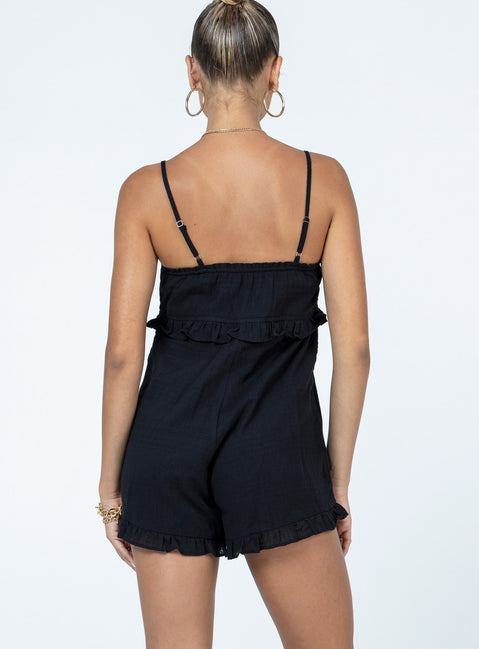 Black romper 100% cotton Adjustable shoulder straps  Tie at bust Ruffle details 