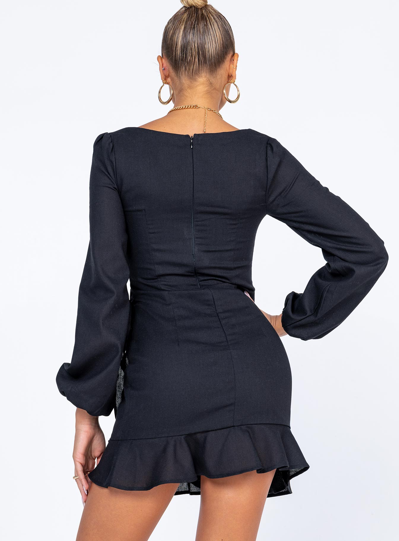 back view of model wearing Princess Polly The Villa Mini Dress Black 