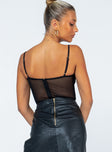 Bodysuit  Slim fitting  95% polyester 5% elastane  Adjustable shoulder straps  Sheer mesh waist & back  Invisible zip fastening at back  Cheeky cut bottom  Press clip fastening at base 