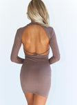 back view of model wearing Princess Polly Jace Mini Dress Brown 