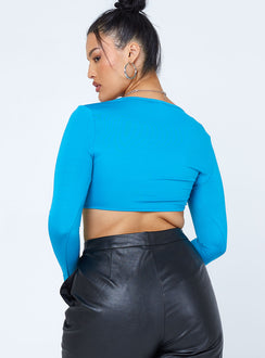 back view of model wearing Princess Polly Ryder Long Sleeve Top Blue 