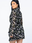 back view of model wearing Princess Polly Marty Long Sleeve Mini Dress Black Floral 