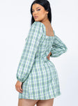 back view of model wearing Princess Polly Hastings Long Sleeve Mini Dress Green Check 