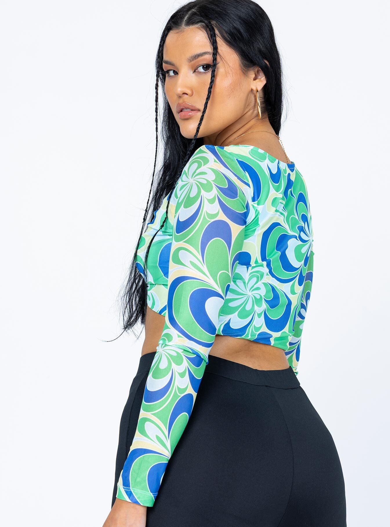 back view of model wearing Princess Polly Wallace Long Sleeve Top Green / Blue 