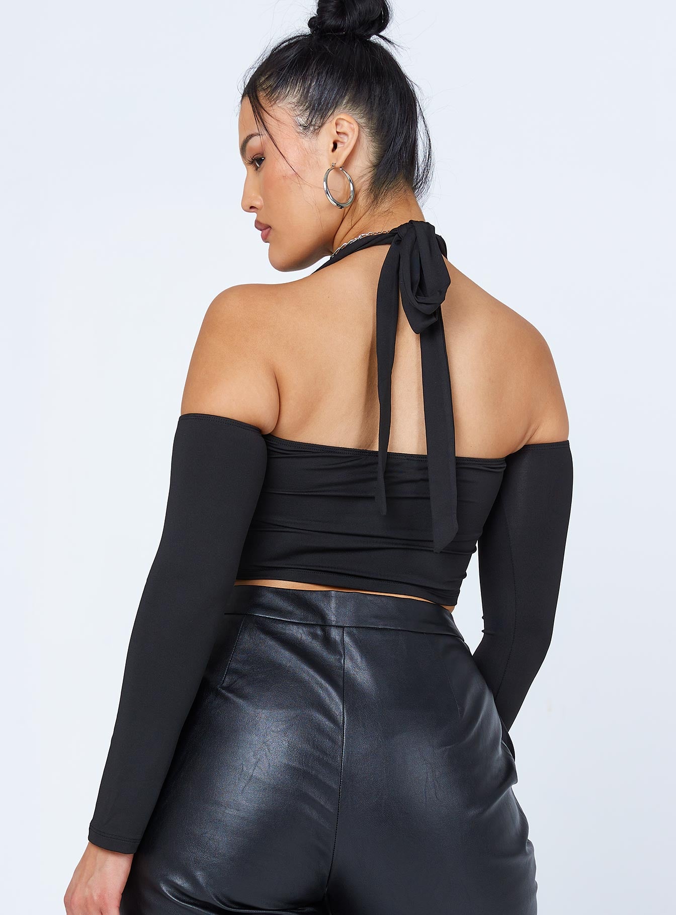 back view of model wearing Princess Polly Sharlene Long Sleeve Top Black 