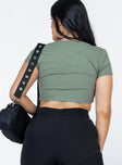 back view of model wearing Princess Polly Clarrie Top Khaki Short Sleeves V-Neck 