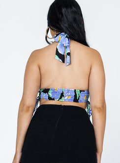 back view of model wearing Princess Polly Meadowbank Top Black / Blue Sleeveless V-Neck 