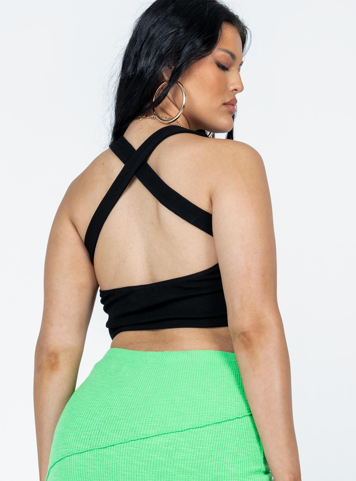back view of model wearing Princess Polly Reynor Top Black Sleeveless High Neck 