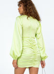 Front view of model wearing  front Princess Polly Crew Neck  Ryland Long Sleeve Mini Dress Green