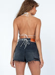 Shorts Black denim  Rips throughout  High waisted  Zip & button fastening Classic five-pocket design  Belt looped waist 
