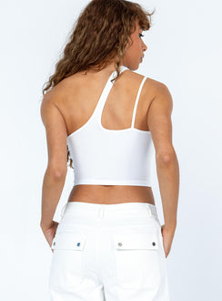 back view of model wearing Princess Polly Hutton Top White Sleeveless Asymmetric Neckline 