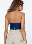 Bustier top Dark wash denim  Sweetheart neckline Pointed hem  Zip fastening at back 