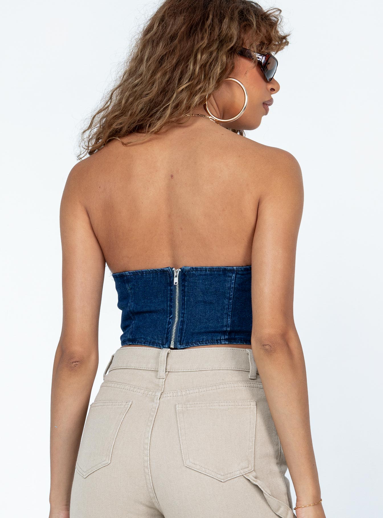 back view of model wearing Princess Polly Jessica Bustier Blue Denim Sleeveless Sweetheart 
