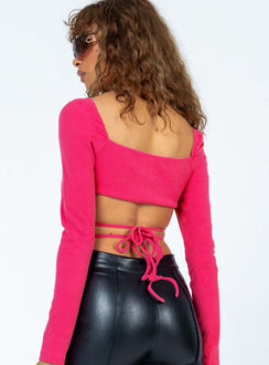back view of model wearing Princess Polly Herring Top Pink Full Sleeves Square Neck 
