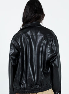 Faux leather jacket Zip fastening at front  Classic collar Twin hip pockets  Elasticated waistband 